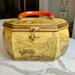 Vintage 1960s Anton Pieck Decoupage Wooden Box Purse w/ Lucite Handle